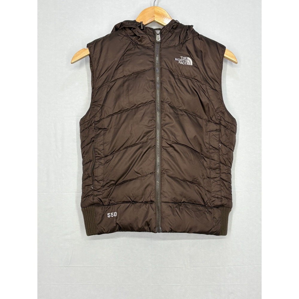 North Face Full Zip 550 Down Puffer Vest Brown Lined Hooded Zipper Pockets Small
